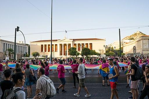 A Pride march in Athens passes by the Greek parliament.