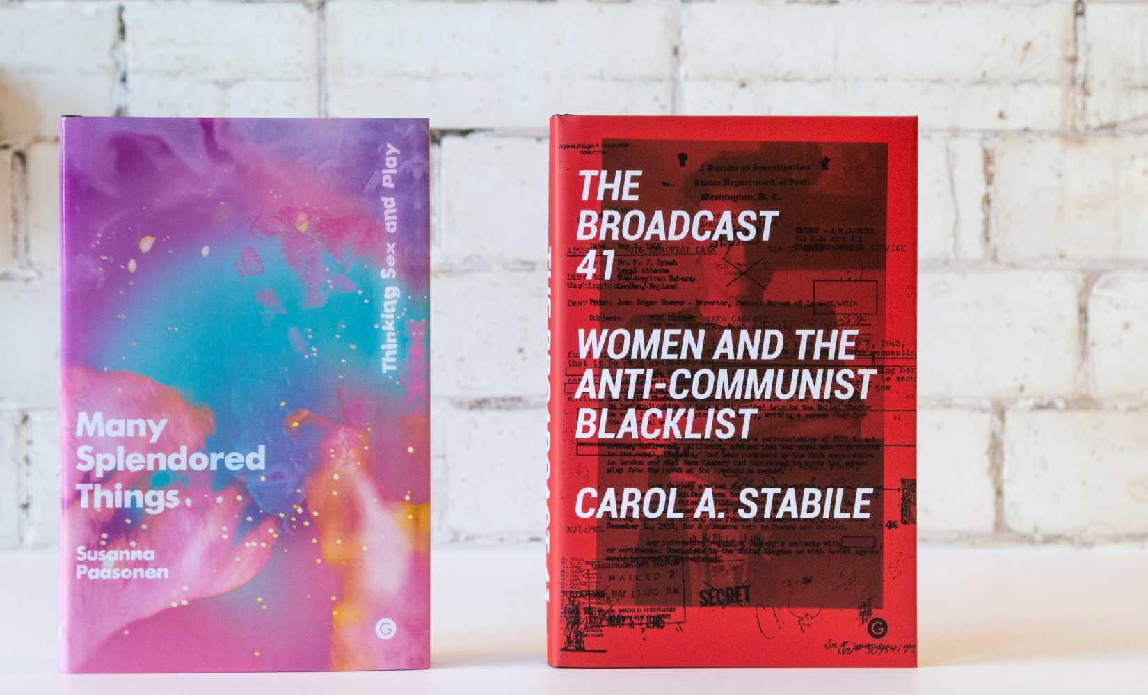 A photograph of two Goldsmiths Press books, titled Many Splendored Things and The Broadcast 41, in front of a white brick wall