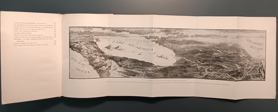 A photograph of an old map, showing the proposed Nicaragua Canal
