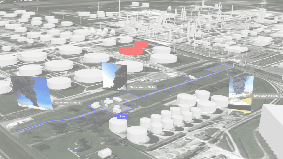 A 3D model from the Forensic Architecture platform with photographs of the plume of smoke located within the model of the factory site.