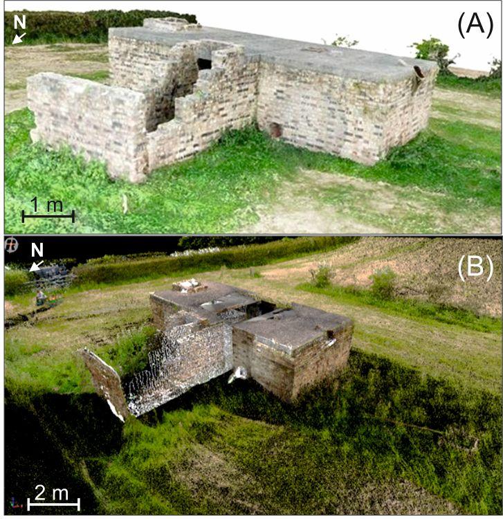 Two digital images of a brick control shelter in a field 