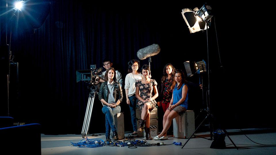 Students filming in front of a green screen on the MA in Filmmaking programme at Goldsmiths