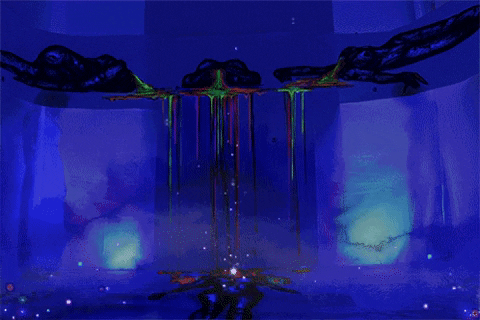 A painting of three headless figures lying prone against a blue background.