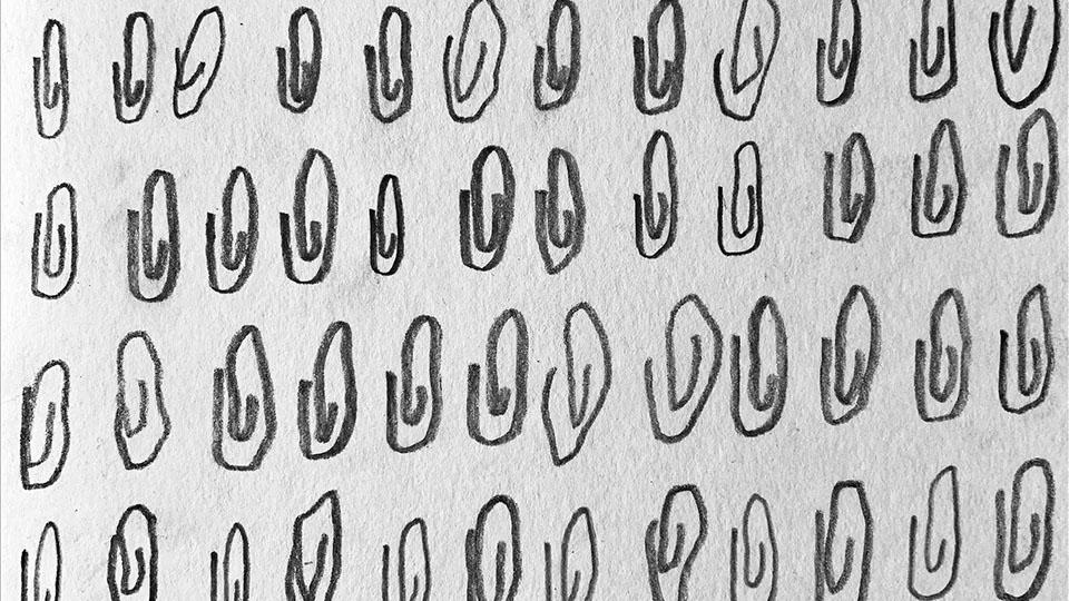 A series of paperclip-like forms drawn in pencil on paper.