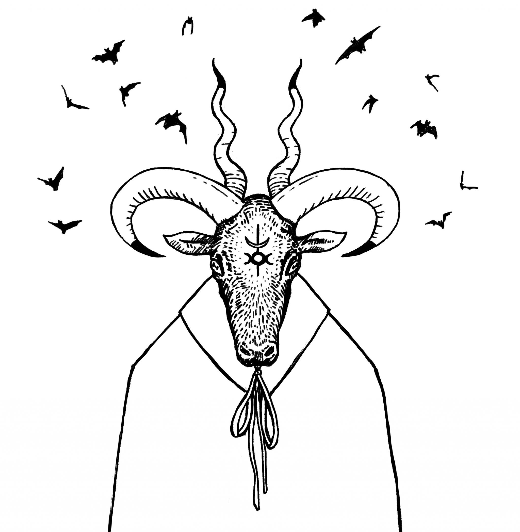 Drawing of a ritual with cats and witches